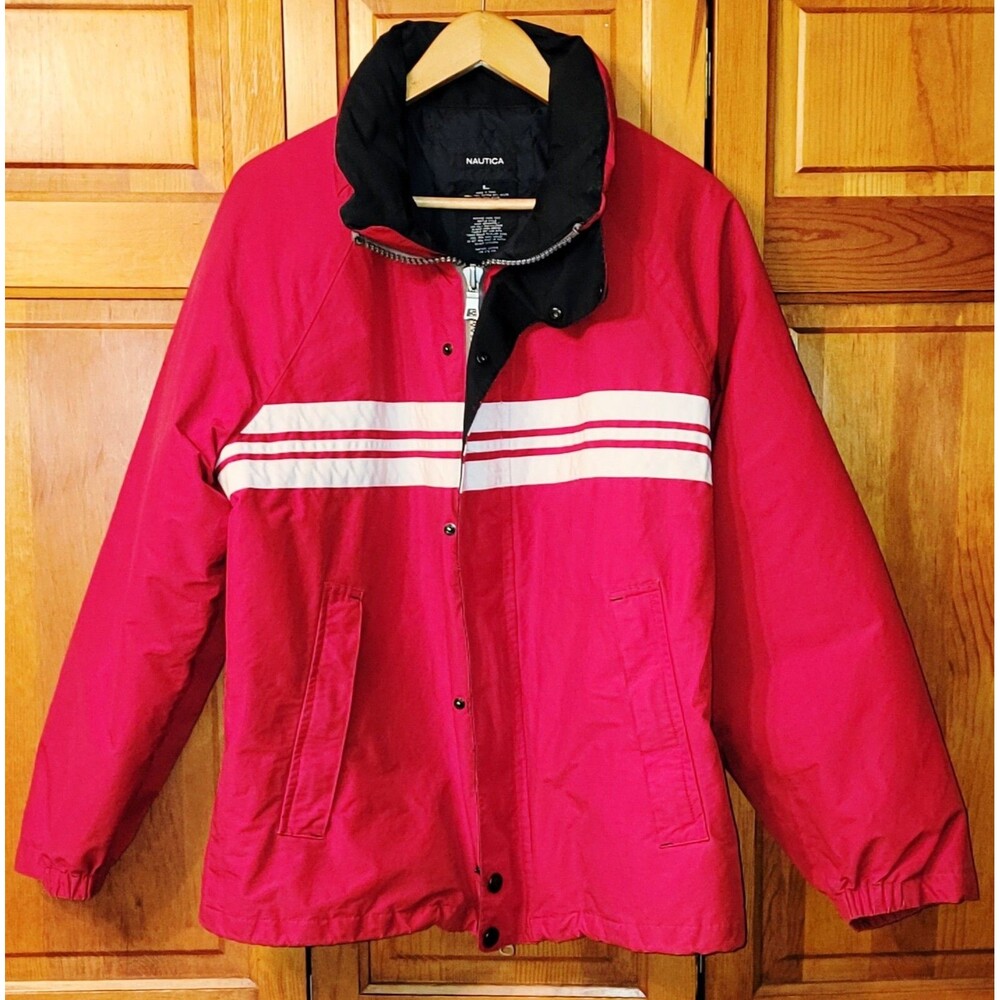 Vintage Nautica Down Puffer Coat Jacket Mens Size Large Red White Stripes Hooded